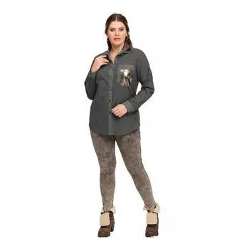 Fierte Женская рубашка большого размера Lm43220 Застежка на пуговицы воротник Кожаный карман с длинным рукавом Деталь Спорт Темно-синий Зеленый