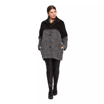 Fierte Женское пальто больших размеров Lm46210 Мужское воротник с пуговицами Длинный рукав Спортивный карман Букле Смешанная шерсть Кашет Комбинированный черный
