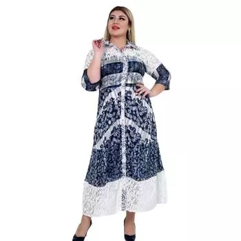 Fierte Женское платье больших размеров Kprs11106 Застежка на пуговицах Без бретелек Внутренняя подкладка Кружевная деталь Половина рукава Длинная длина Темно-синий