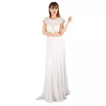 Fierte Женское вечернее платье Sst1429 Нулевой воротник Низкий рукав сзади Низкий вырез Гипюр Кружева Вышивка камнями Шифон Расклешенная юбка Помолвка Свадьба Выпускной Кость