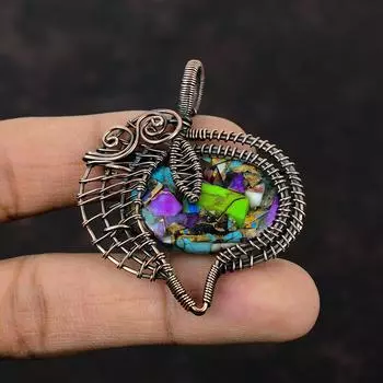 Fiesta Kingman Бирюзовый кулон Медная проволока обернутая подвеска Мульти Медь Бирюзовый кулон Драгоценный камень Медные украшения ручной работы Антикварный кулон
