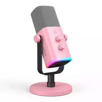 FIFINE Автономный однонаправленный динамический совместимый с функцией отключения звука RGB Громкость Разъем для наушников Совместимость с аудио для контента Голос Игры Видео Розовый