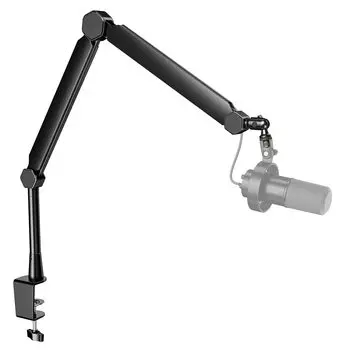 FIFINE Boom Arm Microphone Stand Microphone Arm Tabletop Microphone Stand with Extension Pole Telescopic Foldable 360 Degree Rotation Angle Adjustable