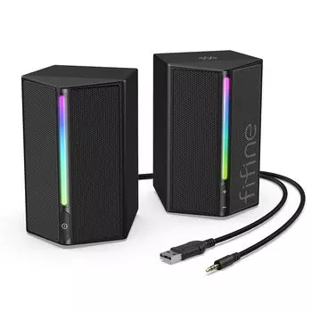 FIFINE Gaming Speaker Проводное подключение Стереодинамик Heavy Bass RGB Light Controlled USB Powered Совместимость с Watching Black AmpliGame A20 3.5mm чёрный