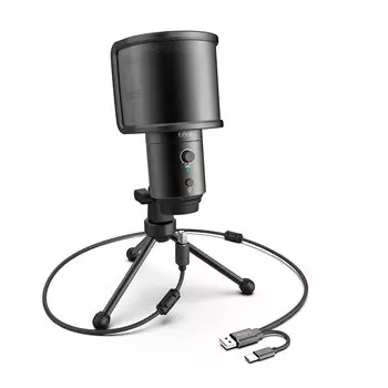 FIFINE USB Condenser Microphone, PC Microphone, PlayStation Microphone, Unidirectional, with Earphone Output, USB-AC Splitter Cable, Pop Filter,