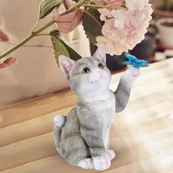 Фигурка кошки для сада, украшение из смолы для улицы с бабочкой на лужайке и патио серый
