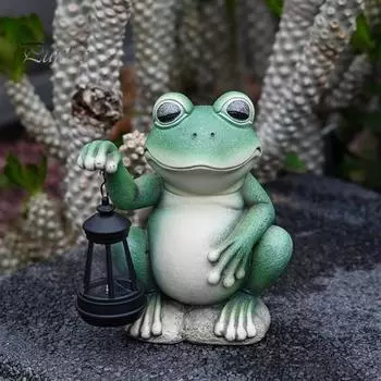 Фигурка лягушки с солнечным фонарем, зеленая лягушка, смоляная статуя, скульптура для внутреннего и наружного использования, украшение для сада, газона, двора зелёный