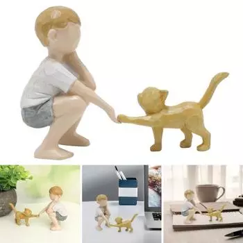 Фигурка мальчика и кота, смоляное настольное украшение, коллекционное, котенок и мальчик