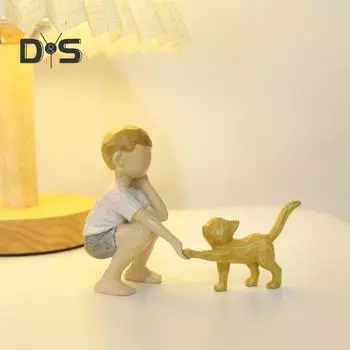 Фигурка мальчика и кота, смоляное украшение для рабочего стола, коллекционная статуэтка котенка и мальчика, домашний офис, подарок для любителей кошек Sets