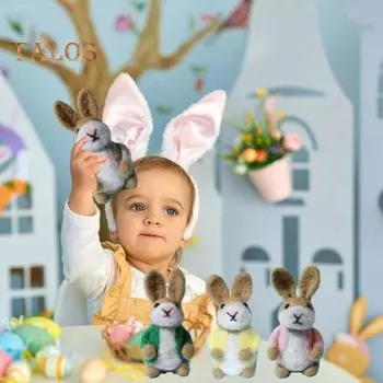 Фигурка пасхального зайчика из фетра, мини-статуэтка-имитация кролика с куртками, пасхальное плюшевое шерстяное животное, украшение для стола, украшение для домашней вечеринки светло-серый