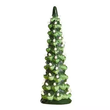 Фигурка Рождественской елки Расписанная вручную смола Предварительно освещенное елочное украшение с теплыми огнями Рождественское настольное украшение для праздничного домашнего декора стола каминной полки 20cm Warm light
