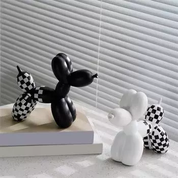 Фигурка щенка из воздушного шара в клетку, красочная статуэтка собаки, скульптура животного из смолы, украшение для домашнего офиса, гостиной, спальни, рабочего стола, орнамент B белый