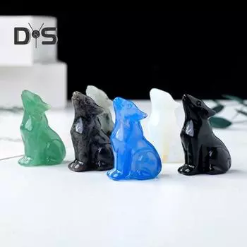 Фигурка сидящего волка из натурального камня, положительная исцеляющая энергия, вырезанная вручную красочная статуя животного из искусственного хрусталя, украшение для рабочего стола, орнамент 3.5cm зелёный