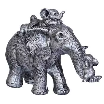 Фигурка слона со слонятами, Silver Elephant Statue Carries Three Calves on Its Back and Trunk, eCraftIndia