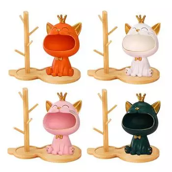 Фигурки искусства кота с большим ртом из смолы с входом в деревянную стойку для ключей белый