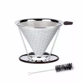 Фильтр для кофе Alioay из нержавеющей стали с отверстием для меда, 2 слоя, не требуется бумажный фильтр, многоразовая воронка для кофе и чая с чистящей щеткой для чашек 1-4