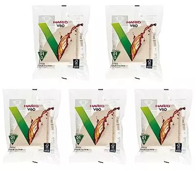 Фильтры бумажные для кофе Hario V60 неотбеленные, натуральный цвет, размер 01 (до 2 чашек) 100 штук, набор из 5 штук (Всего 500 листов) Сделано в японии