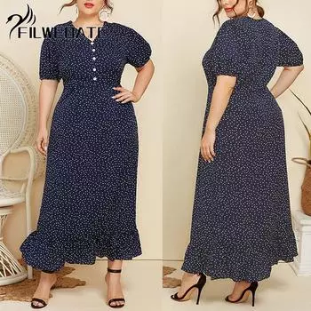 Filweoatc плюс размер женское летнее модное платье в горошек с коротким рукавом плюс размер длинное модное платье с коротким рукавом XL