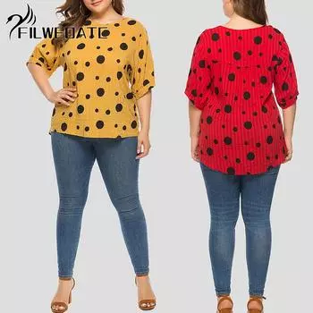 Filweoatc Свободная повседневная футболка с короткими рукавами и принтом в горошек L