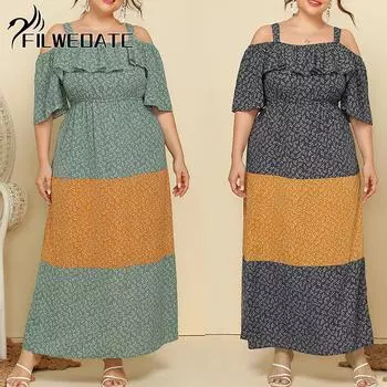 Filweoatc Свободная юбка контрастного цвета с цветочным принтом и оборками XL