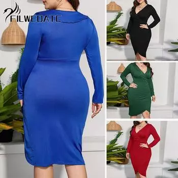 Filweoatc V-образным вырезом сексуальное тонкое платье средней длины с длинными рукавами для женщин больших размеров L