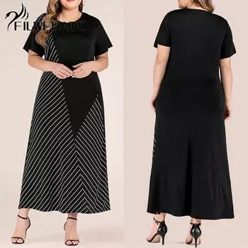 Filweoatc весна лето плюс размер женская мода в полоску свободное длинное платье XL