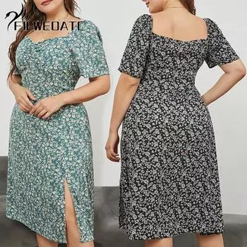 Filweoatc Женское длинное платье с цветочным принтом больших размеров во французском стиле с квадратным вырезом на талии и разрезом XL