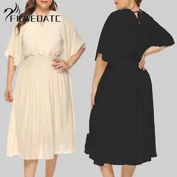 Filweoatc Женское сплошное цветное платье с v-образным вырезом больших размеров, элегантное платье с развевающимися рукавами на талии 2XL