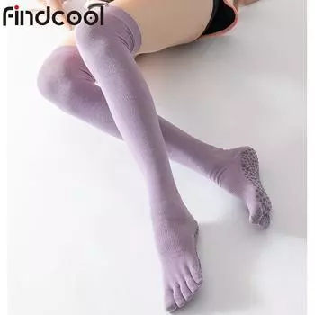 Findcool over the Knee Stockings Toe Socks Female Knee High Non-Slip Yoga Socks Pure Cotton Dancing Pilates Anti-Beginner Light purple