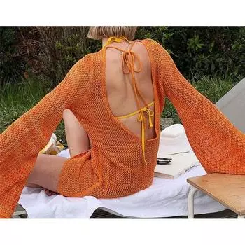 FindIt Вязаное свободное пляжное платье с открытой спиной Orange All yards