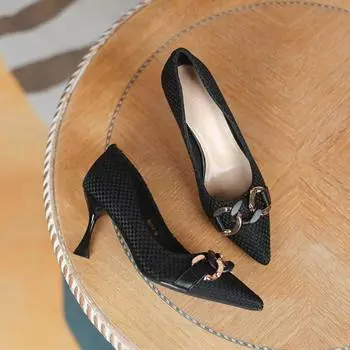 Тонкие туфли на каблуке, женская мода 2024 года, весна-осень, новые туфли на высоком каблуке с металлической пряжкой, женские туфли, женская обувь 34