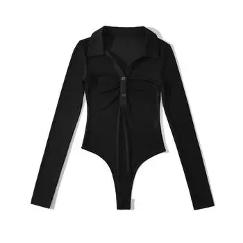 Fine Lines Bright Silk Elastic Polo Collar Long Sleeves Crotch Women s T-shirt Ruched Chest Fashion One-Piece Jumpsuit Black M