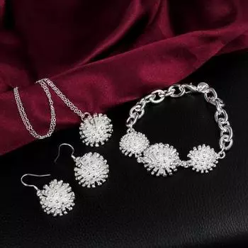 Fine s925 серебряные серьги с цветком, цепочка, ожерелье, браслет, комплект для женщин, женские модные свадебные, помолвочные, очаровательные ювелирные изделия 45CM 20CM серебряный