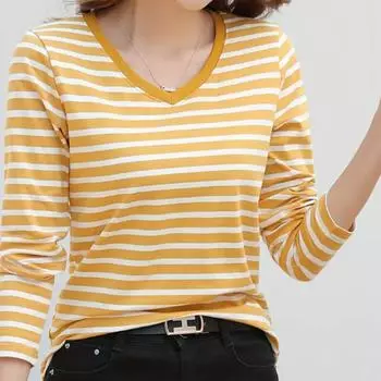 Женские футболки с принтом в тонкую полоску, женские топы, длинные рукава, V-образный вырез, пуловеры, женские футболки, футболки для женщин XS жёлтый