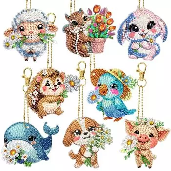 FineGood Animal Diamond Art Painting Keychain Kit 5D Diamond Art Suncatcher Kit Crystal Diamond Keychain DIY Carft 8 Pieces for Hanging Decorations