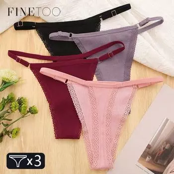 FINETOO 3 шт./компл. кружевные хлопковые стринги S-XL женские однотонные стринги сексуальное кружевное бикини нижнее белье женские трусы с низкой посадкой и Т-образной спинкой S