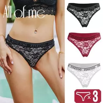 FINETOO 3 шт./компл. кружевные трусики для женщин, сексуальные стринги с низкой талией, прозрачные женские стринги, хлопковые мягкие трусики с Т-образной спинкой, M-XL M