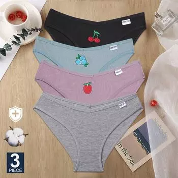 FINETOO 3 шт./компл. женские хлопковые трусики с вышивкой в виде фруктов, нижнее белье с V-образной талией, женские M-XL, женские трусы, нижнее белье