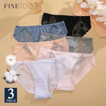 FINETOO 3 шт кружевные прозрачные трусы ажурные штаны сексуальные хлопковые трусики для женщин нижнее белье хлопковые трусы с металлическими пуговицами промежность S&Set