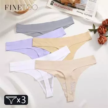 FINETOO 3PCS бесшовные женские стринги сексуальные женские трусики шелковое атласное нижнее белье стринги с низкой талией невидимые трусы T-Back Hot S&3PCS