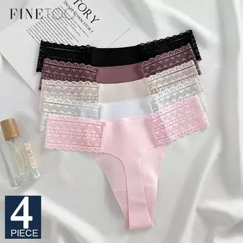 FINETOO 4 шт бесшовные стринги ледяной шелк нижнее белье для женщин низкая талия цельные стринги сексуальные кружевные высокоэластичные трусики мягкие S&Set