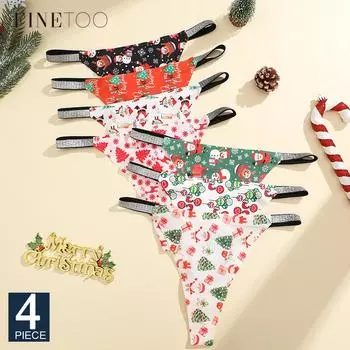 FINETOO 4 шт. стринги со снежинками и Санта-Клаусом, сексуальное дышащее женское нижнее белье, стринги с низкой талией, рождественские трусики с бриллиантами XS&Set