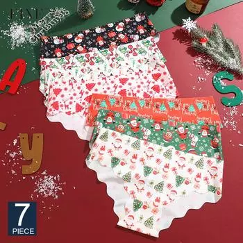 FINETOO 7 шт. Рождественские трусики со снежинками и Санта-Клаусом, сексуальное дышащее женское нижнее белье с низкой талией и волнистым узором, Счастливого Рождества XS&Set