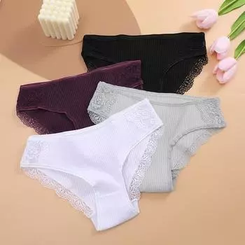 FINETOO хлопковые кружевные трусики для женщин, трусы с низкой талией, женское дышащее нижнее белье, однотонное мягкое нижнее белье M белый