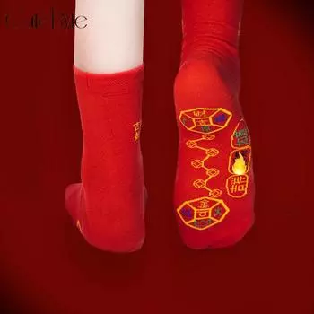 FINETOO Красные носки Новогодние носки Natal Хлопковые носки с вышивкой Lucky Socks