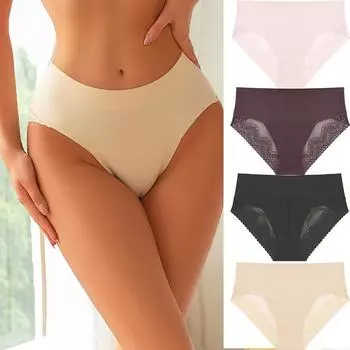 FINETOO Кружевные бесшовные трусики с высокой талией для женщин, комфортное нижнее белье из ледяного шелка, бесшовное нижнее белье S чёрный