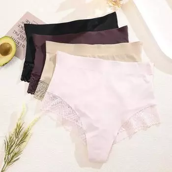 FINETOO кружевные стринги с высокой талией для женщин, мягкое и удобное нижнее белье, сексуальные трусы S чёрный