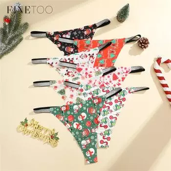 FINETOO Рождественское нижнее белье бесшовные трусики для женщин Ice Silk стринги Рождественское праздничное нижнее белье XS-XL XS