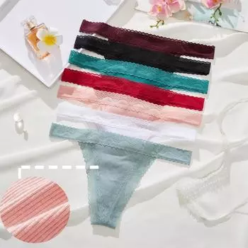 FINETOO S-XL, хлопковые кружевные женские стринги, женское нижнее белье, сексуальное T-bakck, интимные мягкие женские трусы с V-образным вырезом, 7 цветов S синий