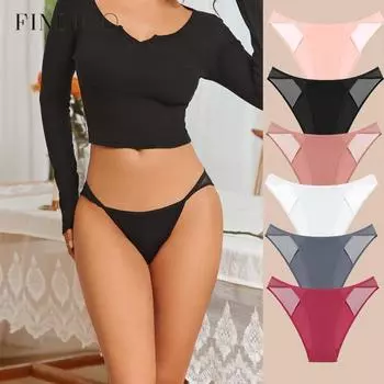 FINETOO сетчатые трусики для женщин с заниженной талией хлопковые трусы с промежностью бесшовное нижнее белье из ледяного шелка S чёрный